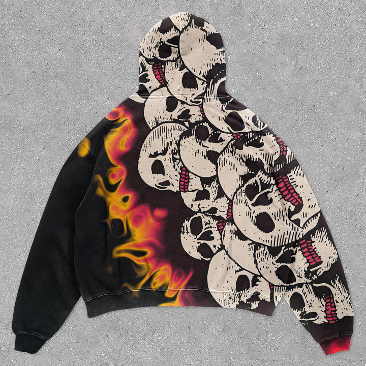 Stylish Retro Flame Skull Print Hoodie