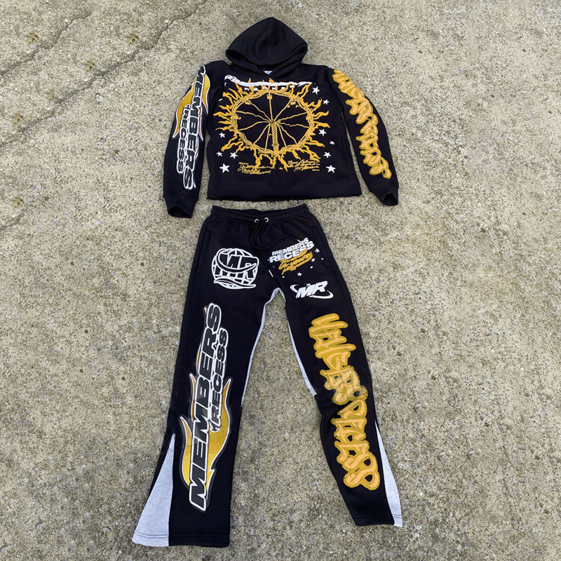 Amusement park print casual street patchwork trousers and hoodie two-piece set