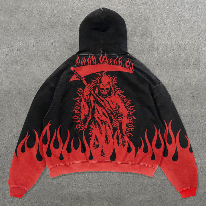 Skull Flame Print Long Sleeve Hoodie