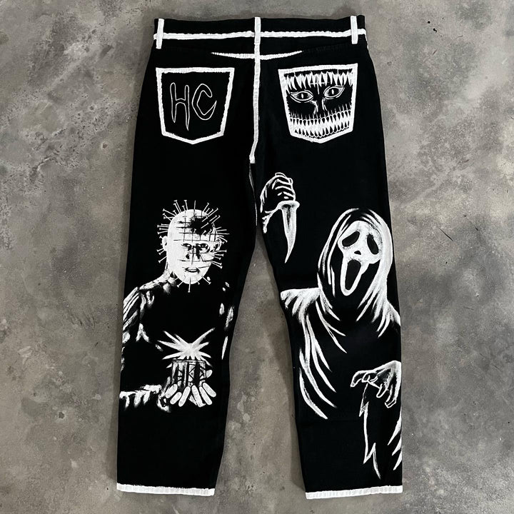 Death is Coming Casual Street Graffiti Denim Trousers