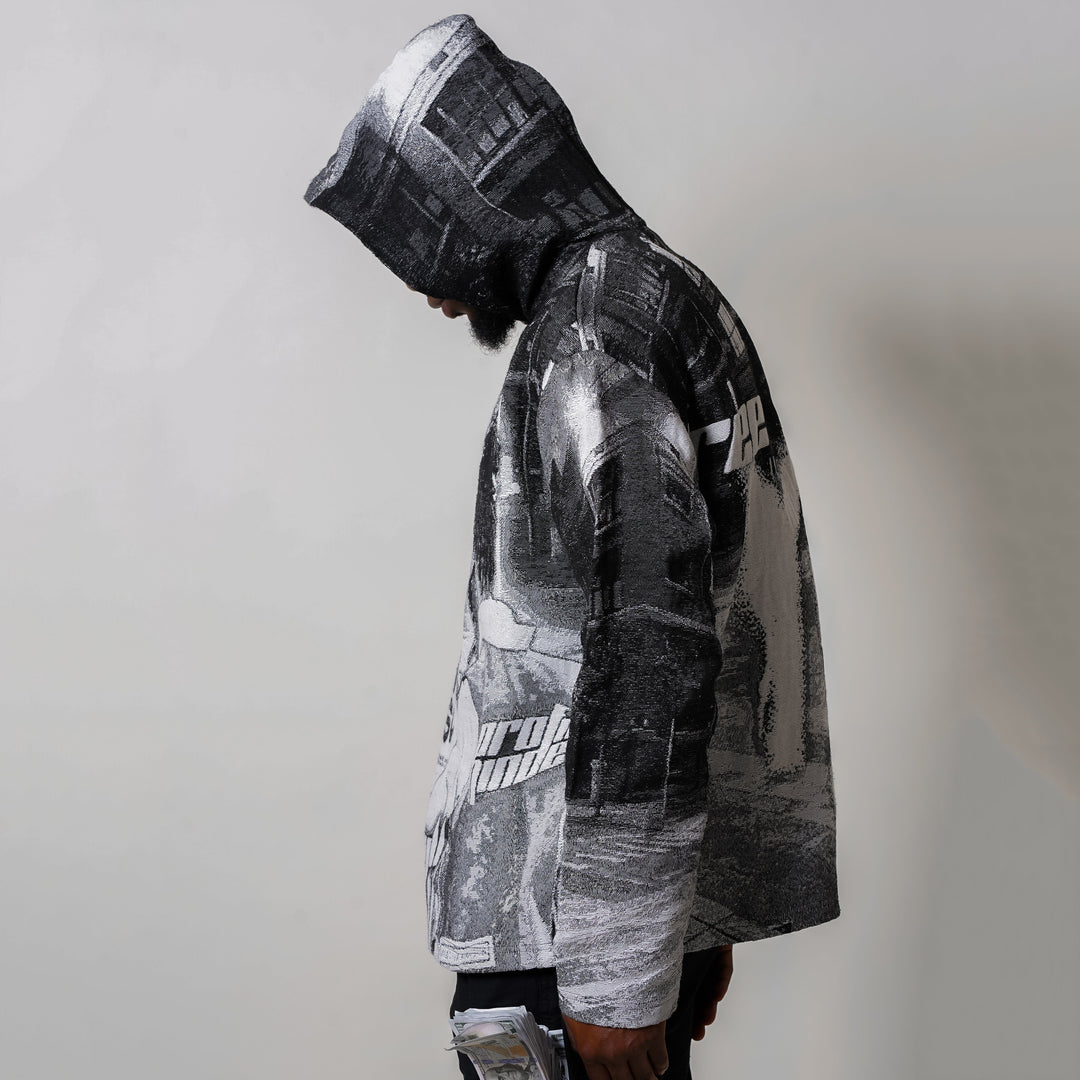 Casual Street Black and White Tapestry Hoodie