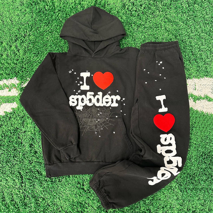 I Love Sp5der Print Hoodie Sweatpants Two Piece Set