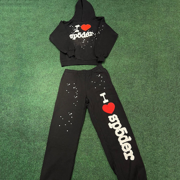 I Love Sp5der Print Hoodie Sweatpants Two Piece Set