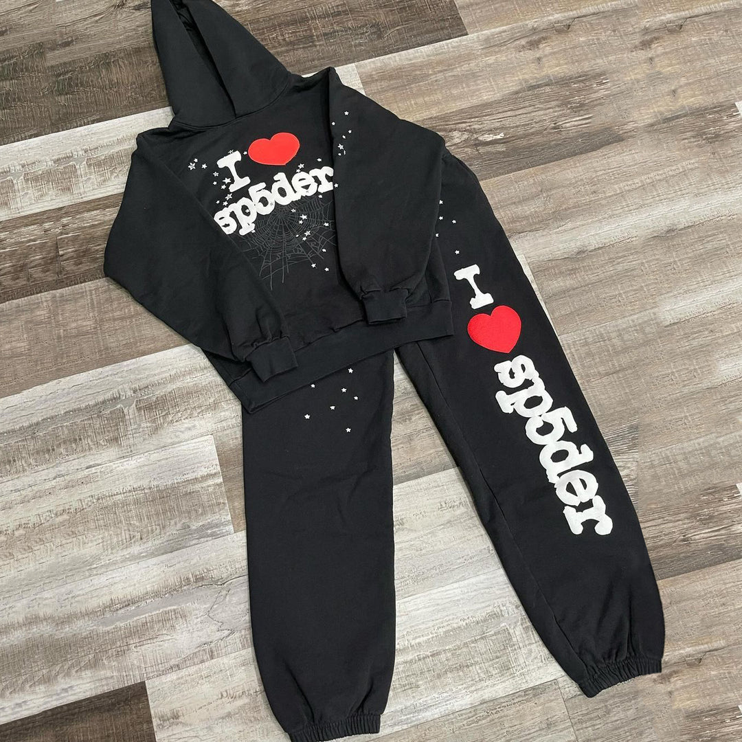 I Love Sp5der Print Hoodie Sweatpants Two Piece Set