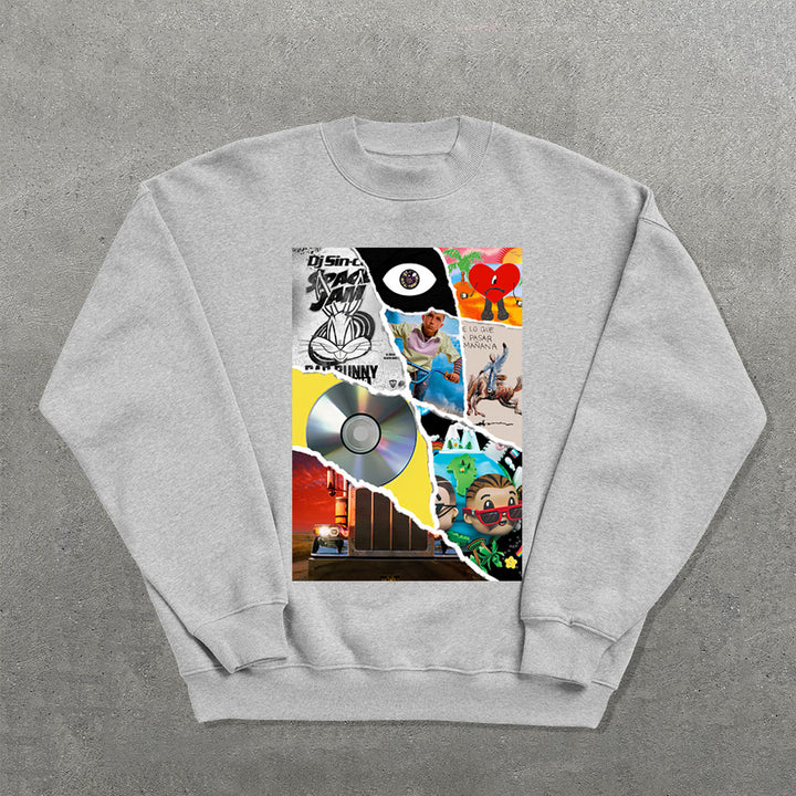 Fashion Album Fragment Printed Crew Neck Sweatshirt