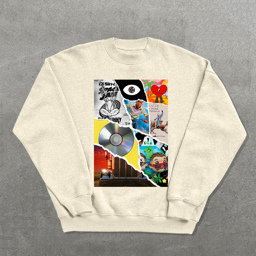 Fashion Album Fragment Printed Crew Neck Sweatshirt