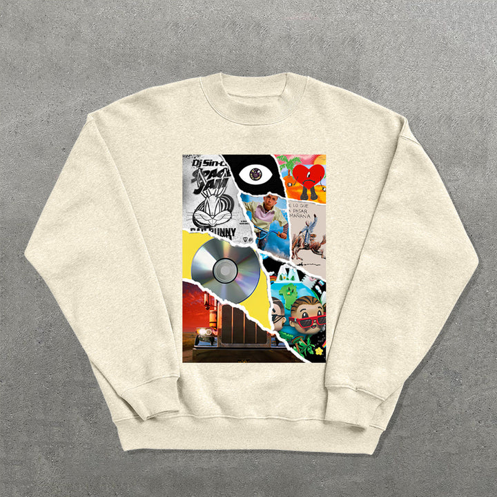 Fashion Album Fragment Printed Crew Neck Sweatshirt