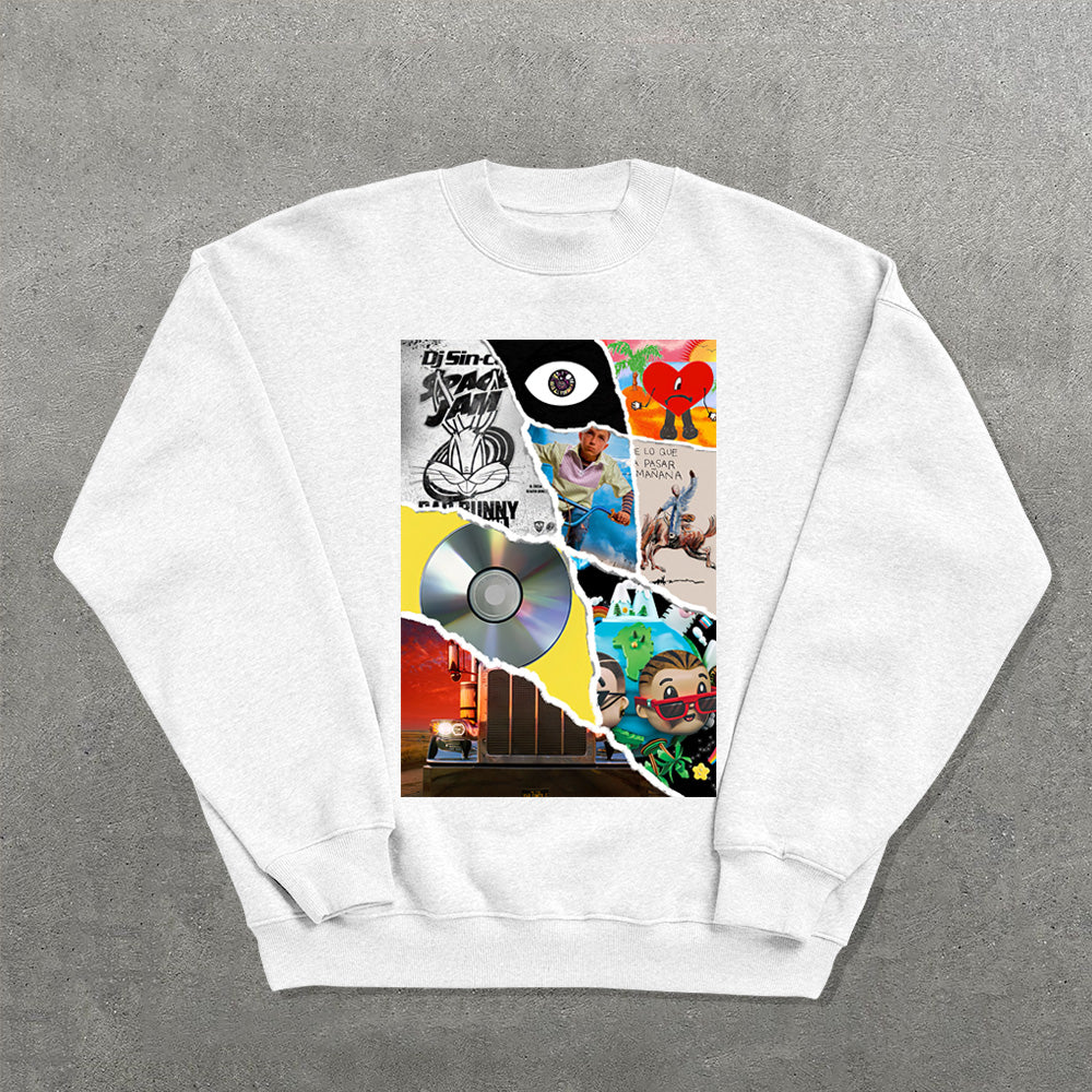 Fashion Album Fragment Printed Crew Neck Sweatshirt