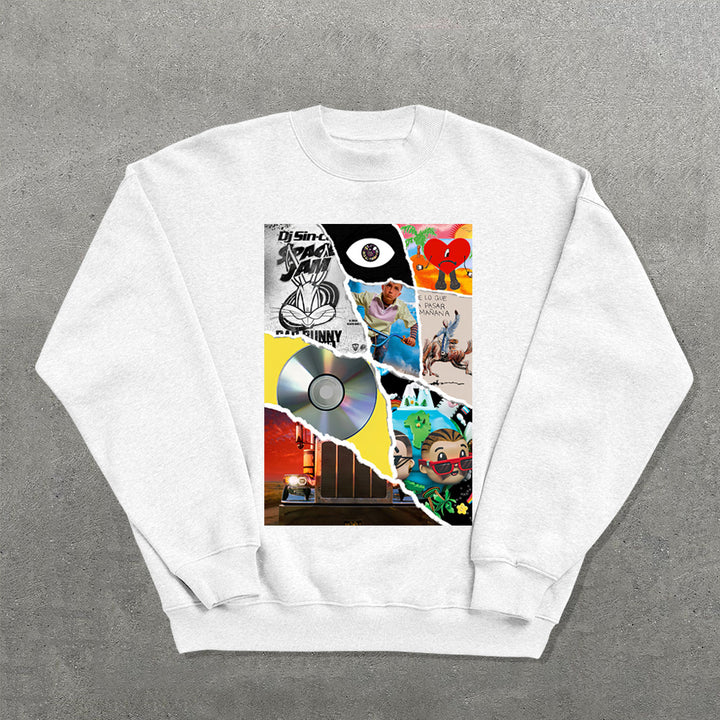 Fashion Album Fragment Printed Crew Neck Sweatshirt