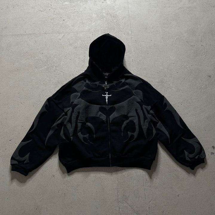 Gothic print contrast zip-up hoodie