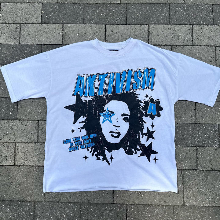 Lauryn Hill Letter Stars Print Short Sleeve T-Shirt