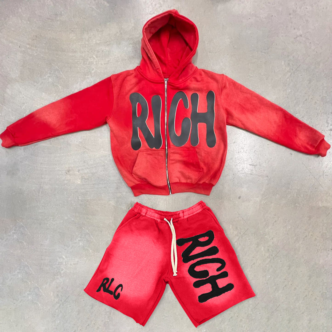 Retro hip hop zipper hoodie shorts set