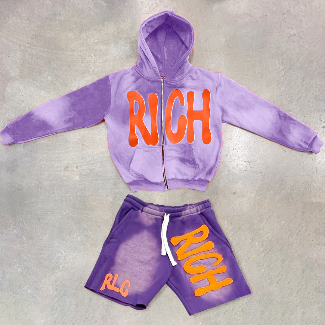 Retro hip hop zipper hoodie shorts set