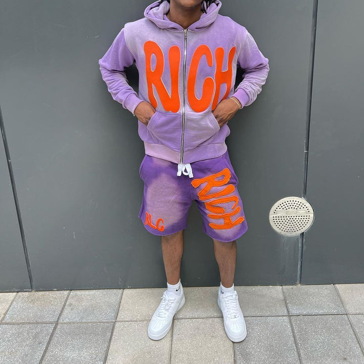 Retro hip hop zipper hoodie shorts set