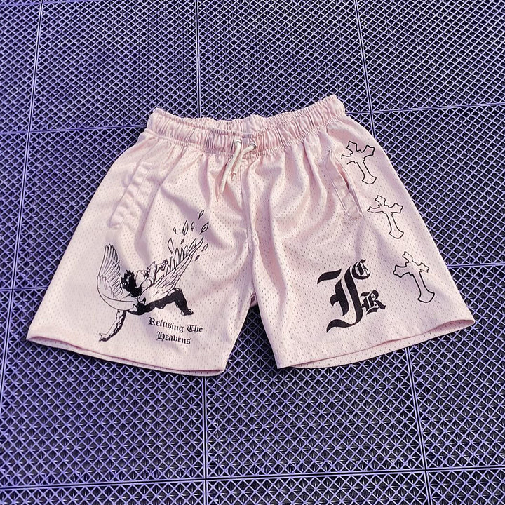 Fashion Casual Angel Print Mesh Shorts