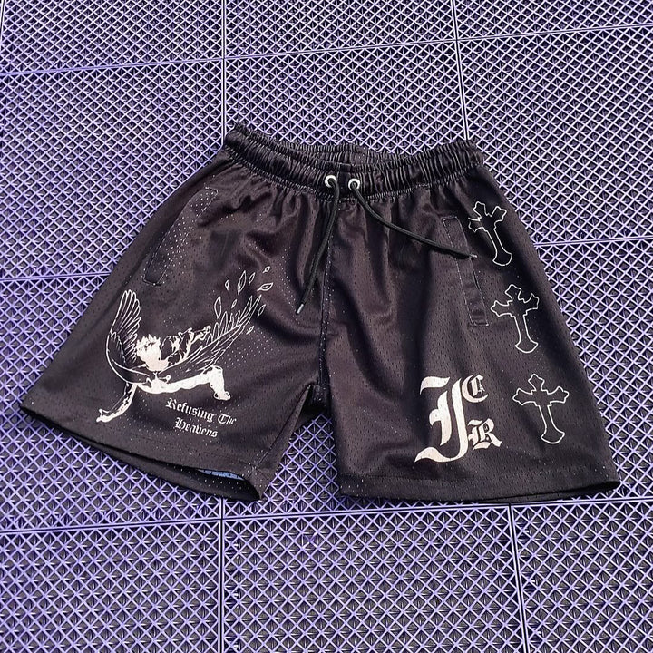 Fashion Casual Angel Print Mesh Shorts