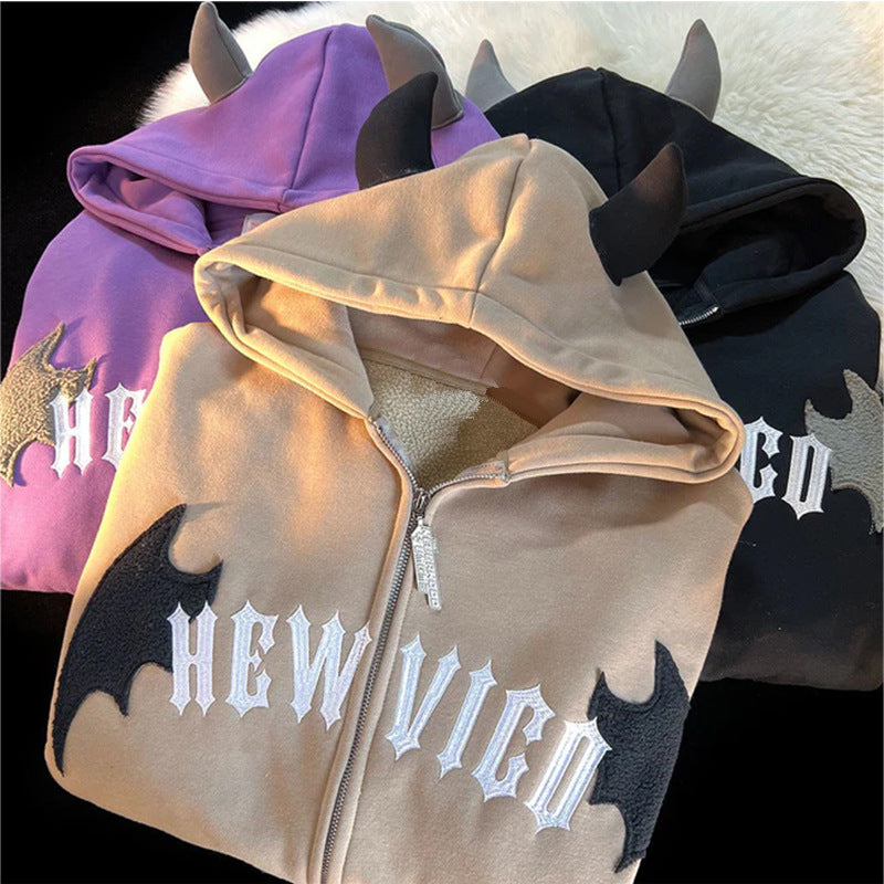 Velvet retro zippered letter patch double corner hoodie