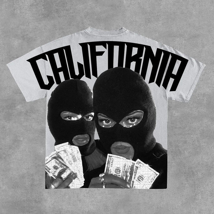 California Mask Girl Print Short Sleeve T-Shirt