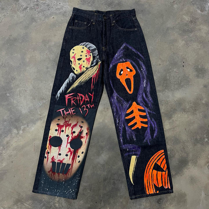 Friday The13th Death Graffiti Casual Street Denim Trousers