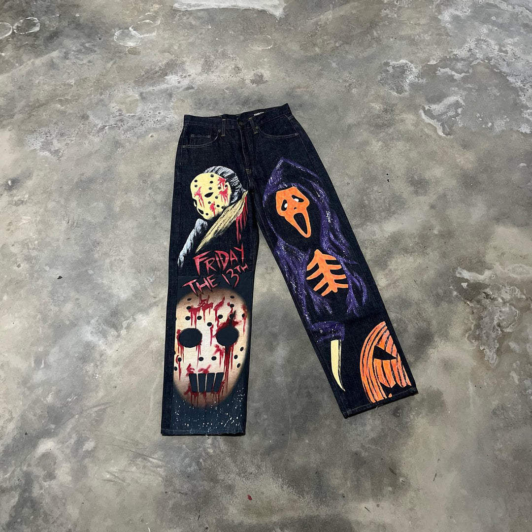 Friday The13th Death Graffiti Casual Street Denim Trousers