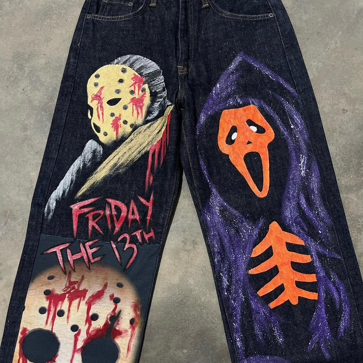 Friday The13th Death Graffiti Casual Street Denim Trousers