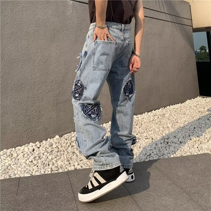 Washed ripped vibe distressed embroidered jeans