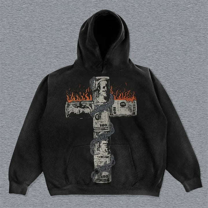 Money Cross Hellfire Print Long Sleeve Hoodie