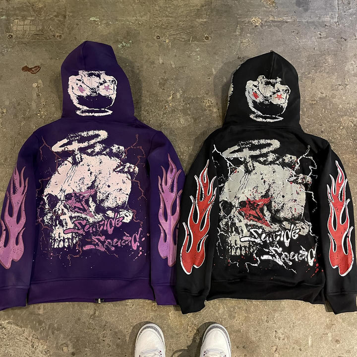 Flame Skull Angel Print Full Zip Hoodie