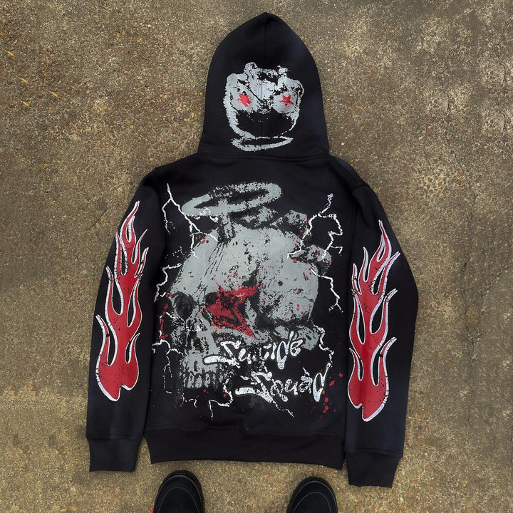 Flame Skull Angel Print Full Zip Hoodie