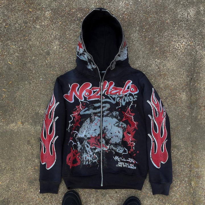 Flame Skull Angel Print Full Zip Hoodie