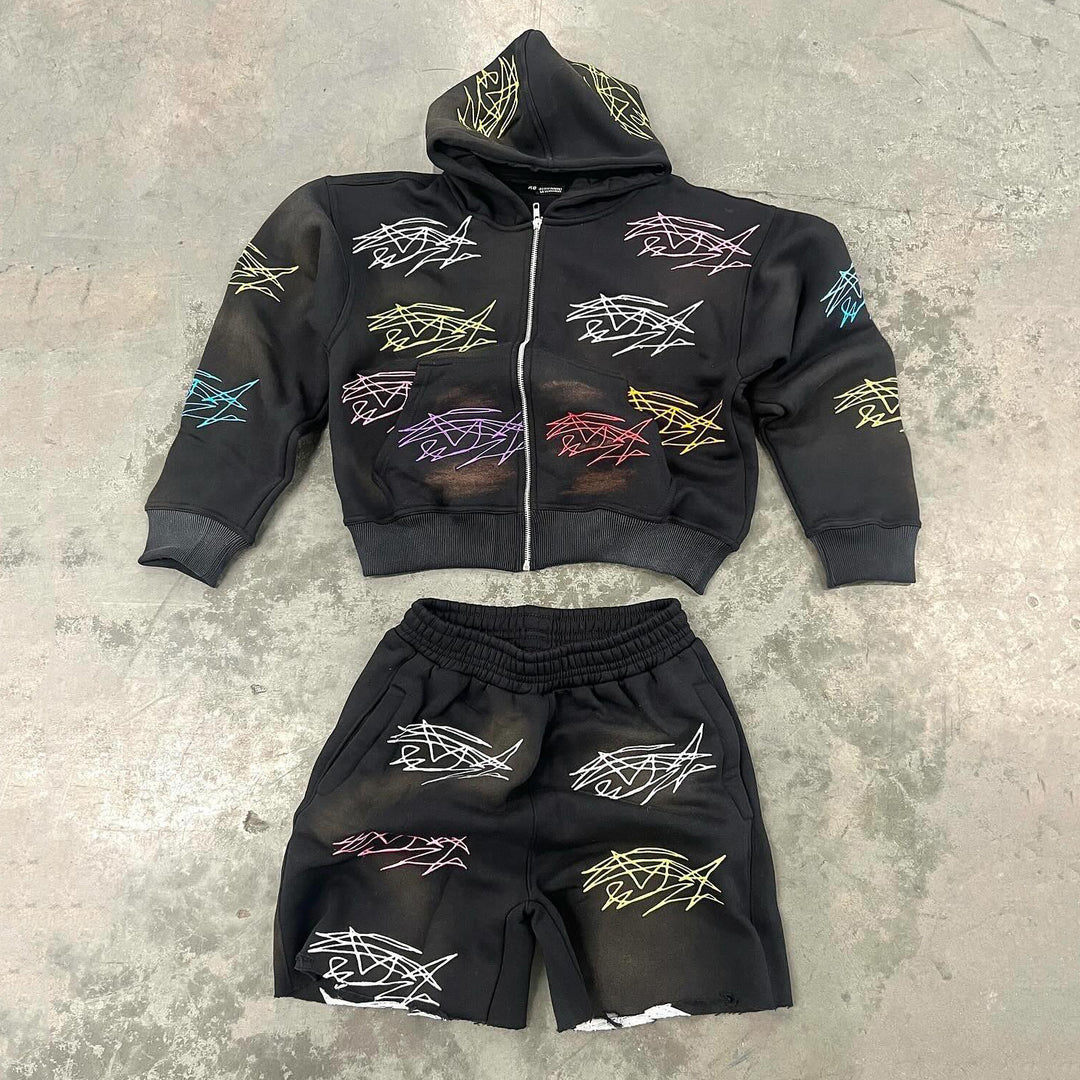 Graffiti Hoodie Shorts Two-Piece Set