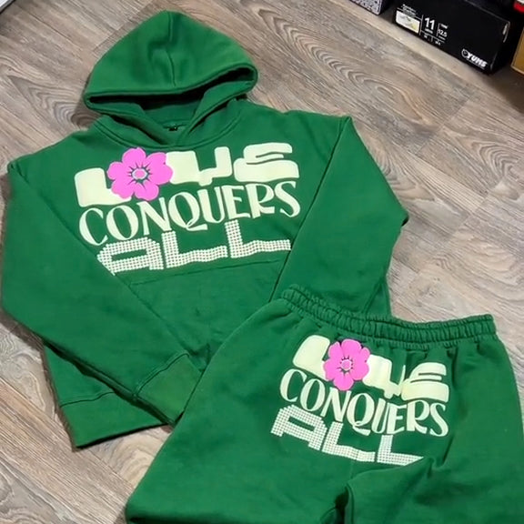 Love Conquers All Print Zipper Hoodie Two Piece Set