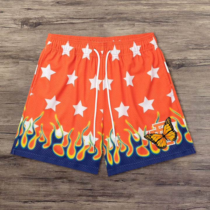 Stars and flames mesh basketball shorts