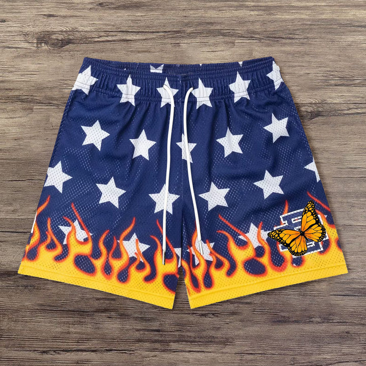 Stars and flames mesh basketball shorts