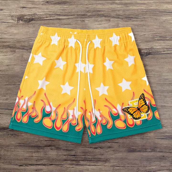 Stars and flames mesh basketball shorts