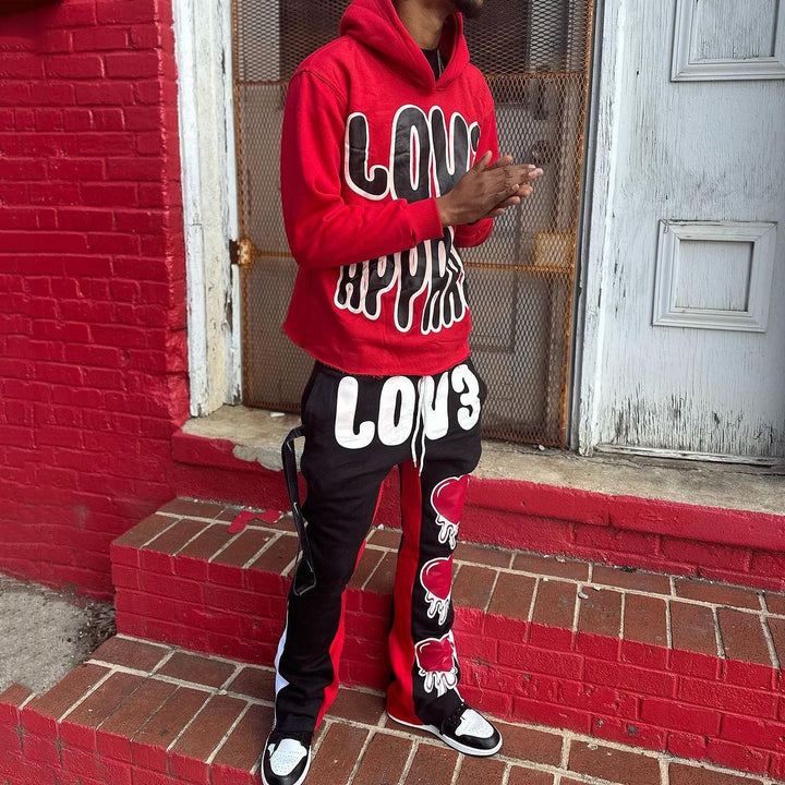 Heart Mix Print Hoodie Sweatpants Two Piece Set