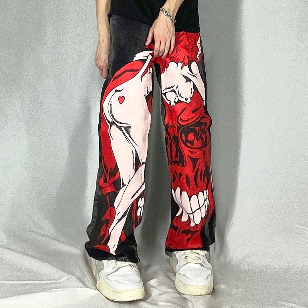 Skeleton Beauty Graffiti Casual Street Washed Denim Trousers