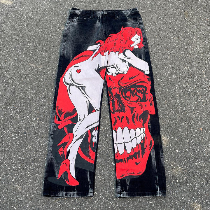 Skeleton Beauty Graffiti Casual Street Washed Denim Trousers