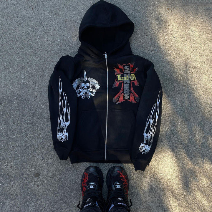 Land Of Sinners Printed Zipper Hoodie Sweatpants Two Piece Set