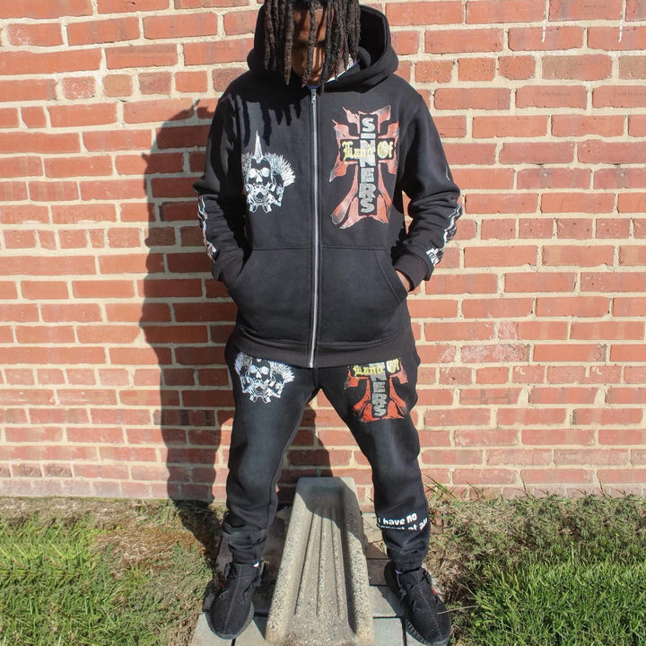 Land Of Sinners Printed Zipper Hoodie Sweatpants Two Piece Set