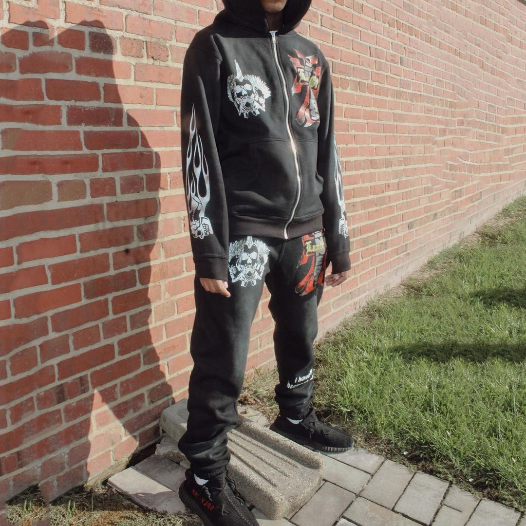 Land Of Sinners Printed Zipper Hoodie Sweatpants Two Piece Set