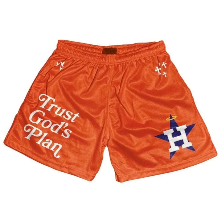 Trust God's Plan graphic-print mesh shorts