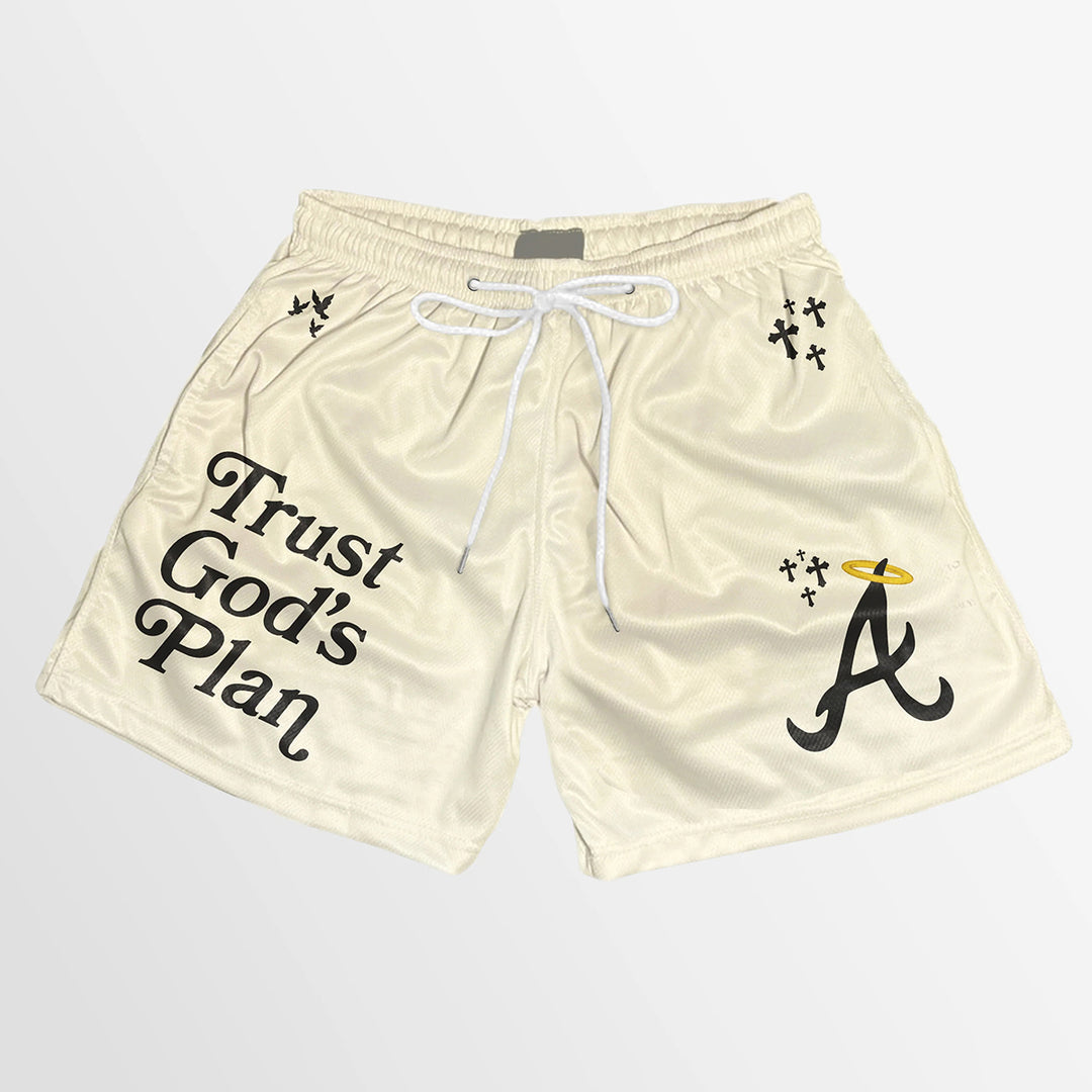 Trust God's Plan graphic-print mesh shorts