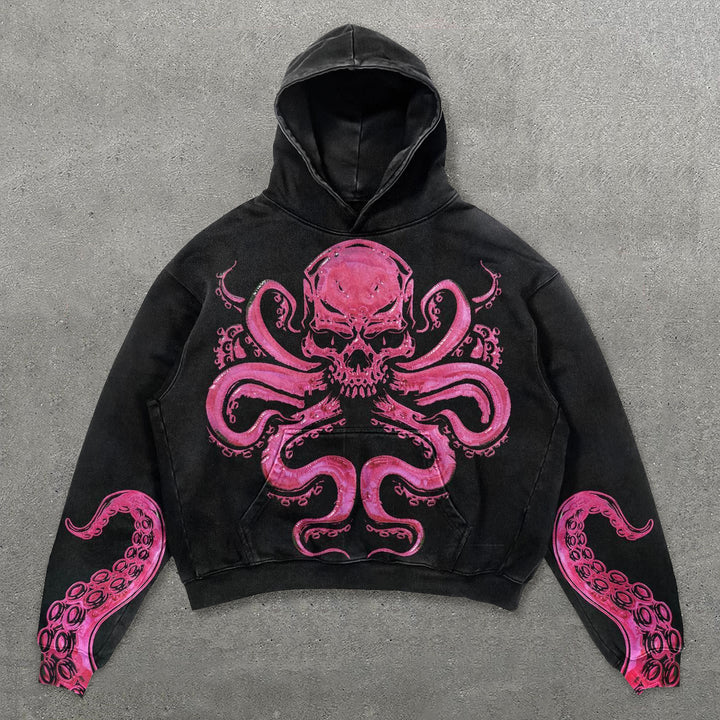 Skull Octopus Print Long Sleeve Hoodie