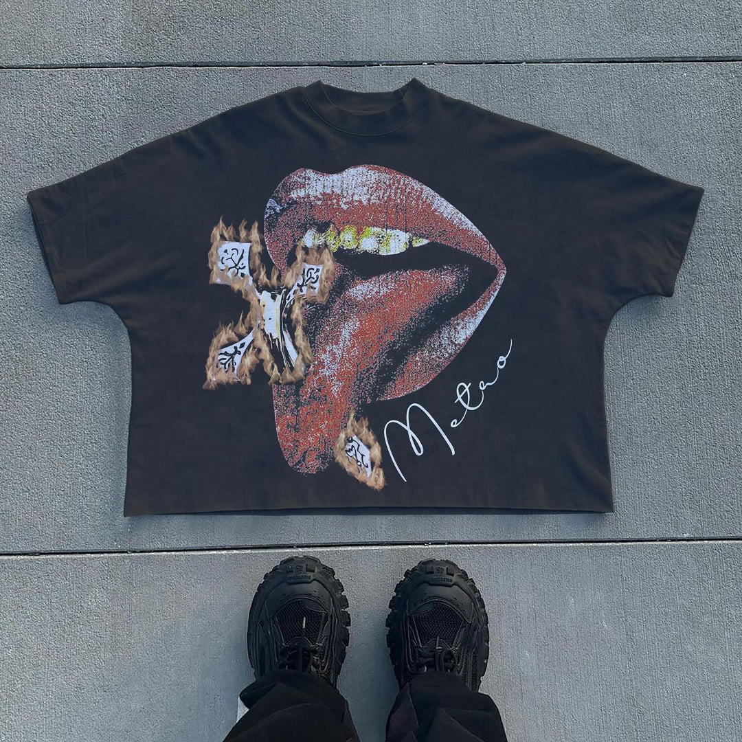 Mouth Cross Print Short Sleeve T-Shirt