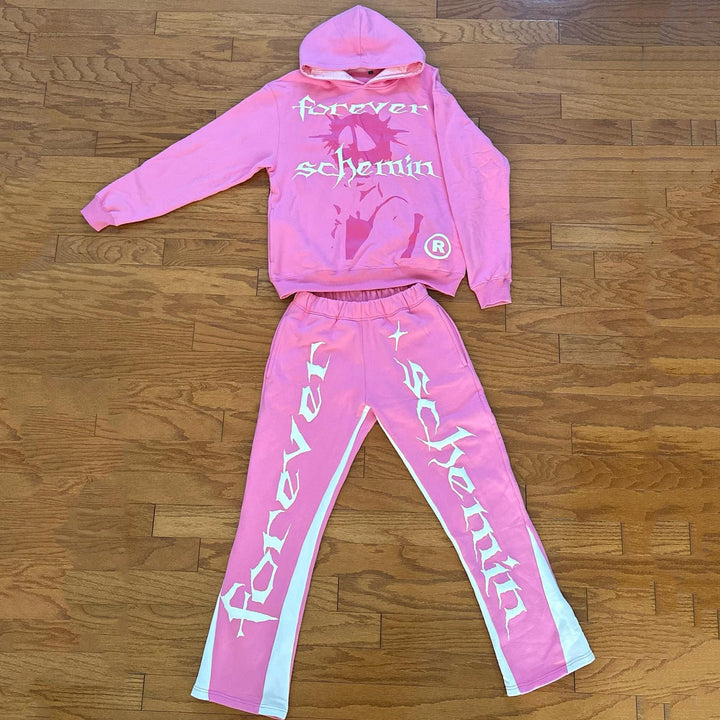 Forever Schemin Print Hoodie Sweatpants Two Piece Set