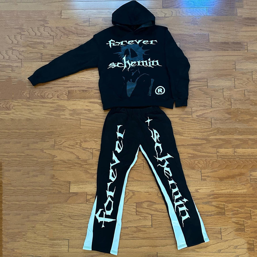 Forever Schemin Print Hoodie Sweatpants Two Piece Set