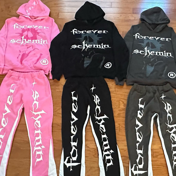 Forever Schemin Print Hoodie Sweatpants Two Piece Set