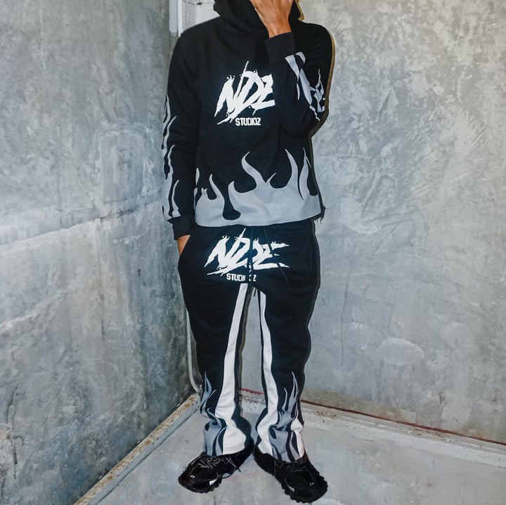 Letter Flame Print Hoodie Sweatpants Two Piece Set