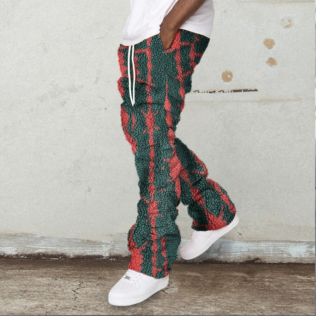 Retro striped printed polar fleece street trousers